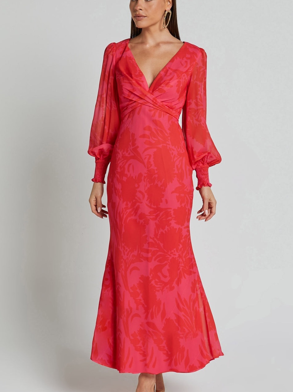 Hello Molly Red and Pink Long Sleeve Wrap Maxi Dress